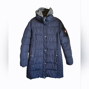 Tommy Hilfiger Hooded Puffer Coat Navy Blue Women’s Size Large Long